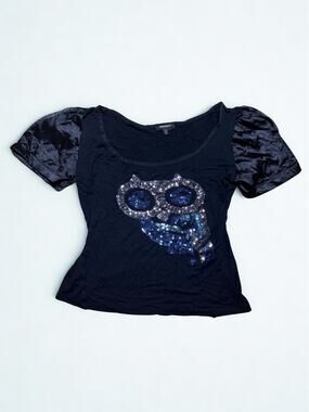 Vtg Y2K Miss Sixty Diamond Black Silver Sequined Owl Fitted Puff Sleeve Top